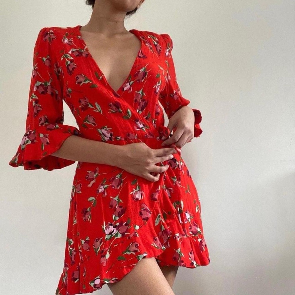 Zara 3/4 sleeve red floral wrap romper